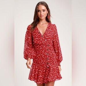 Lulu’s Dianella Red Floral Print Long Sleeve Dress